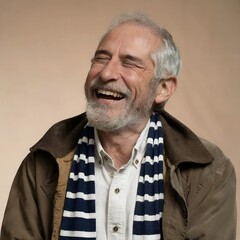 A portrait of an old man laughing ,wrinkles on face, beard, generated by AI