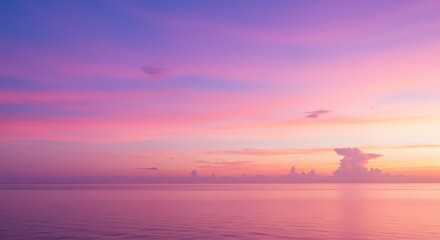 Obraz premium Sunset Over Ocean: Pink and Purple Sky, Tranquil Seascape, Vacation, Travel, Nature Beauty, Romantic Scene, Calm Water, Colorful Clouds, Copy Space