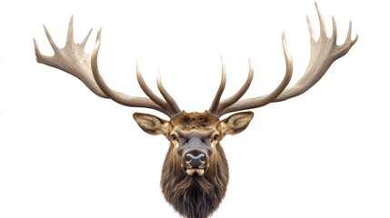 A frontal view of a majestic elk with large antlers, isolated on a white background.