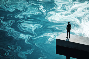 Silhouette of a person standing on a platform overlooking swirling blue patterns, creating a sense of contemplation and serenity.