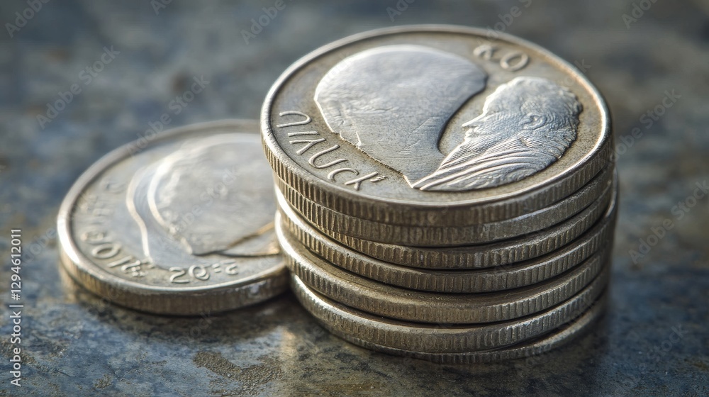 Poster stacked u.s. quarters on a table illustrate the concept of decreasing interest rates.