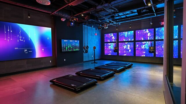 Futuristic fitness studio with treadmills and led screens showcasing advanced analytics