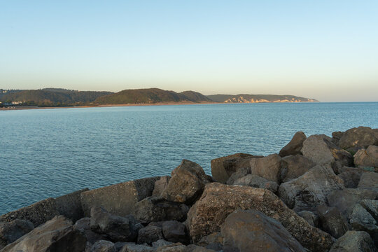 Black Sea coastline with rocky breakwater near Agva Merkez during early morning 