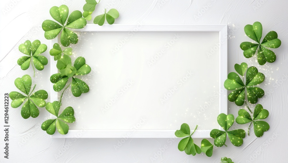 Poster white frame with subtle sparkle effects and clovers for st. patrick's day designs.