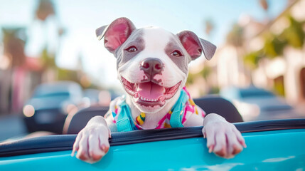 Happy dog joyride: Cute puppy enjoying the wind in convertible