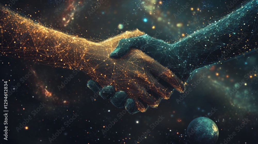 Aufkleber the handshake is symbolized by a starry sky with points, lines, and shapes forming planets, stars, a