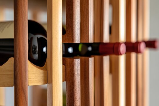 Wooden wine rack with bottles