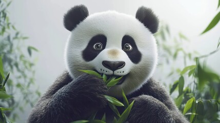 Obraz premium A front-facing shot of a large panda munching on bamboo, isolated against a white background.