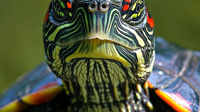 Colorful turtle with intricate shell patterns resting on a sunny pond bank during the warm afternoon