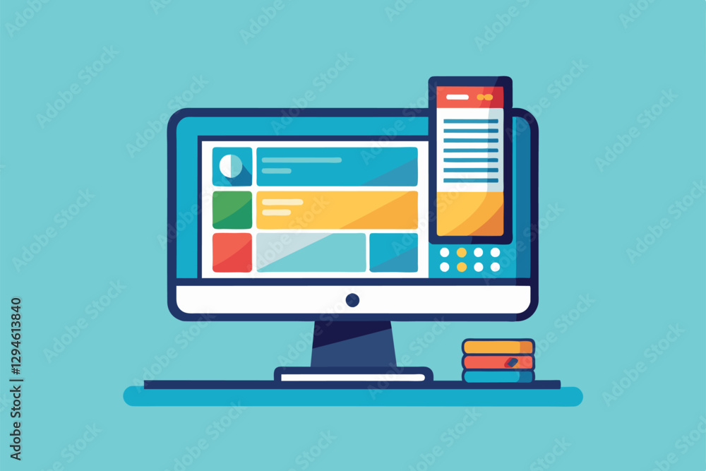 Poster a colorful customizable monitor displays multiple interface panels alongside stacked books, monitor 