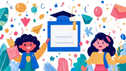 Concept: Graduation Ceremony, Design for a card: Celebrating academic achievement with joyful pupils and colorful decor