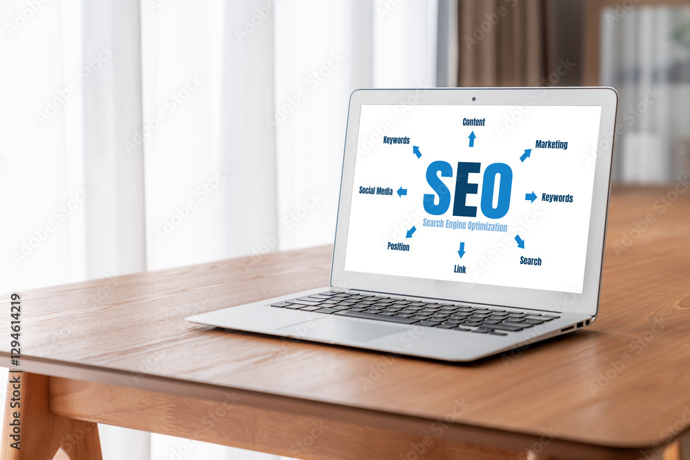 Aufkleber seo search engine optimization for modish e-commerce and online retail business showing on computer 