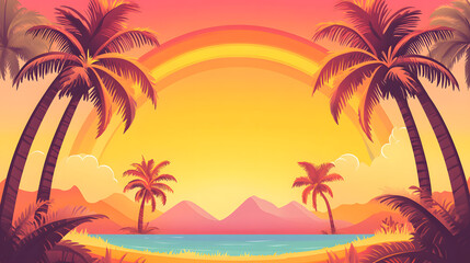 Obraz premium Vector illustration of a sunset with palm trees, using simple shapes and a colorful gradient 