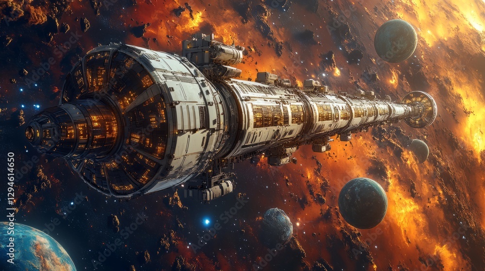 Poster a space station orbiting a colorful alien planet with multiple moons