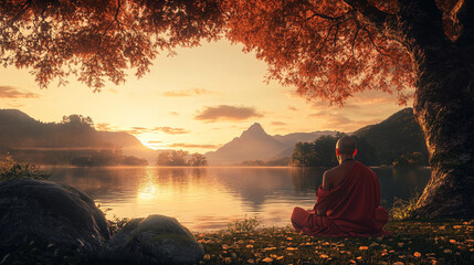 Tibetan Monk Meditating Under Tree