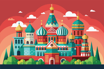 Fototapeta premium Colorful architectural elements reflect the rich history of Moscow, showcasing detailed, whimsical design, Moscow Customizable Flat Illustration
