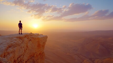 Fototapeta premium Young Man Standing on Negev Desert Cliff, Admiring Breathtaking Sunrise Over Mountains in Israel
