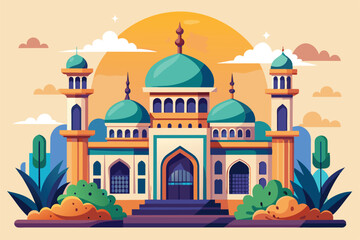 This vibrant mosque design highlights customizable features, showcasing exquisite architecture and serene elements, Mosque online service Customizable Semi Flat Illustration