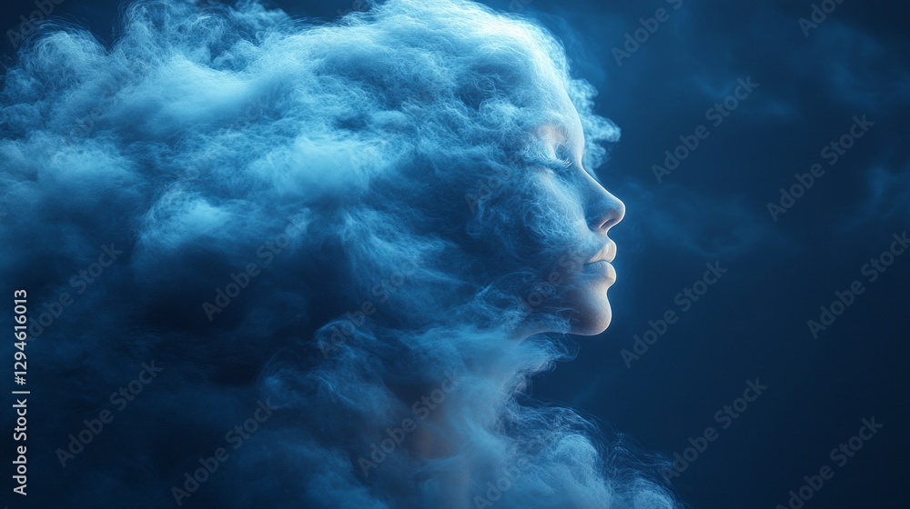 Poster a serene figure emerges from swirling clouds, embodying tranquility and dreamlike allure. the soft h