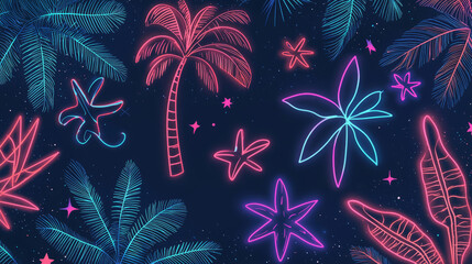 Naklejka premium Neon Tropical Night Patterns with Palm Leaves and Stars