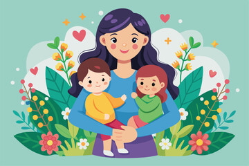 A caring mother embraces her two kids while surrounded by vibrant flowers and cheerful foliage, Motherhood Customizable Cartoon Illustration