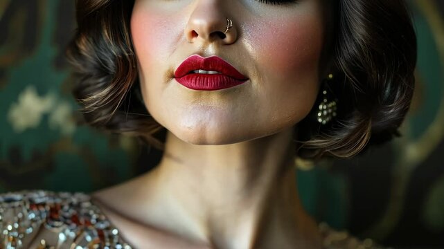 A portrait of a woman in a vintage flapper dress from the 1920s, emphasizing the sequins and beads with a close shot of the texture and patterns.