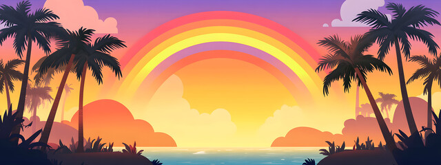 Vector illustration of a sunset with palm trees, using simple shapes and a colorful gradient
