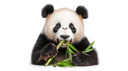 Naklejka premium A front-facing shot of a large panda munching on bamboo, isolated against a white background.