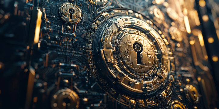 Technology background featuring a robotic face with digital patterns and cybernetic enhancements