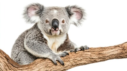Naklejka premium A front-facing view of a koala sitting in a tree, with large round ears, isolated on a white backdrop.