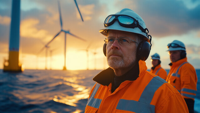 Workers inspect offshore wind turbines at sunset while wearing safety gear and focused on their tasks in the ocean environment