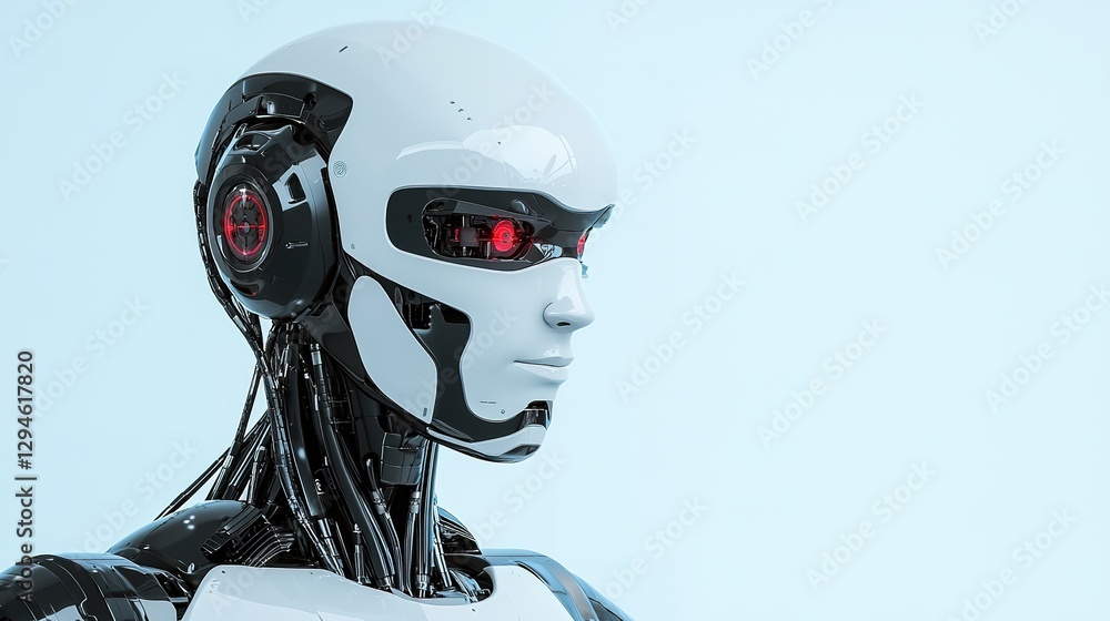 Poster robotics engineer innovates in isolated portrait futuristic lab digital art professional setting clo