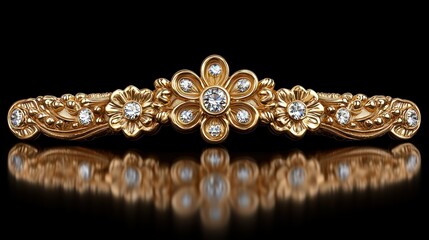 Fototapeta premium Gold diamond floral ring, black background, reflection, jewelry design