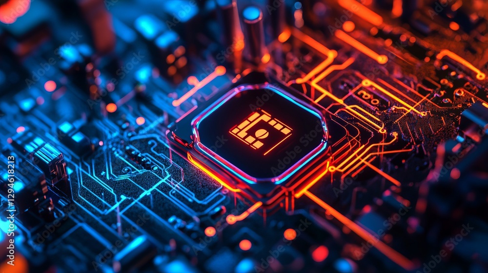 Poster abstract technology background digital circuit board glowing neon lights red orange blue high tech m