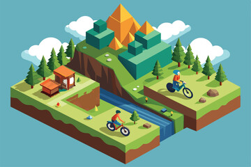Two bikers navigate a vibrant isometric landscape featuring mountains, forests, and clear water, Mountain biking Customizable Isometric Illustration