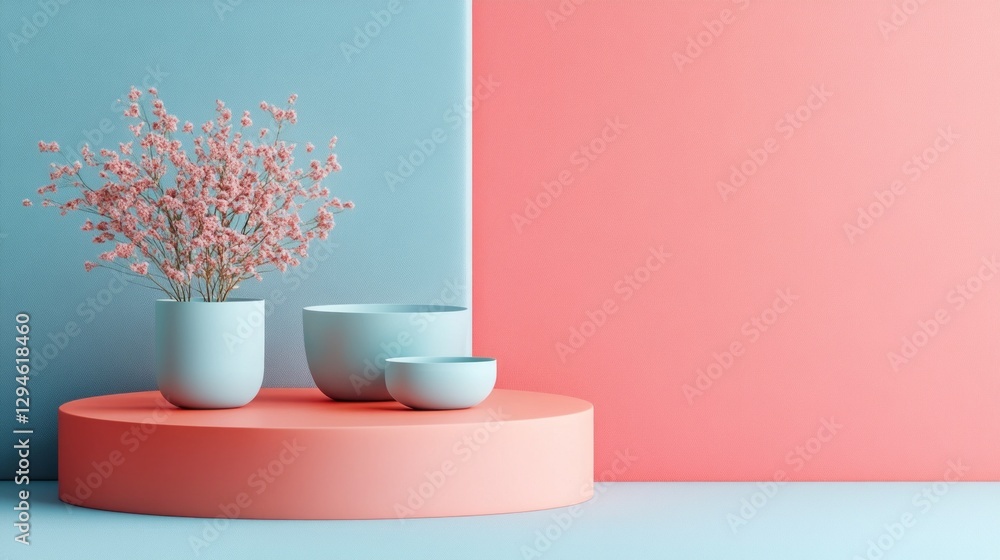 Poster a serene arrangement showcases delicate blossoms in white vases set against a backdrop of soft pink 