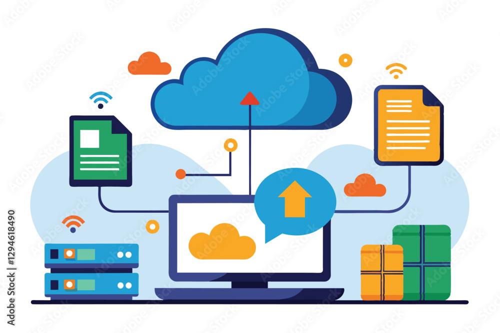 Poster a computer sends files to cloud storage, shown through icons and digital elements illustrating data 