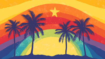 Fototapeta premium Vector illustration of a sunset with palm trees, using simple shapes and a colorful gradient 