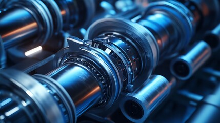 Fototapeta premium High Tech Industrial Machine Detailed Closeup Blue Steel Metal Engineering Technology Precision Parts Manufacturing Industry Powerful Equipment Modern