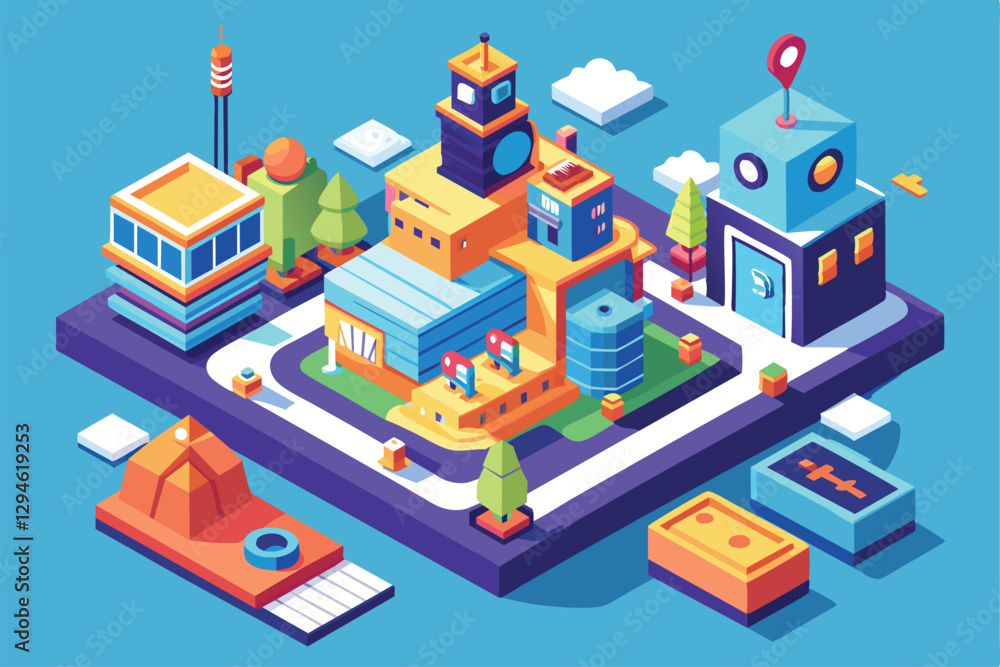 Poster a colorful isometric view of a customizable city layout with diverse buildings and greenery, moving 