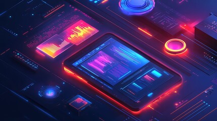 Obraz premium Futuristic Digital Workspace with Analytics, Futuristic digital workspace with laptop, tablet, and charts