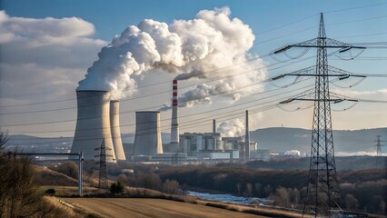Industrial power plant with cooling towers emitting steam. Created with Ai