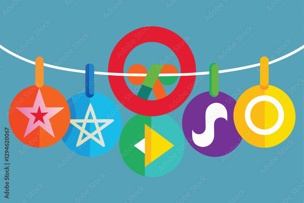 Poster various multicolored symbols are showcased on a rope, creating a bright and playful display, multico