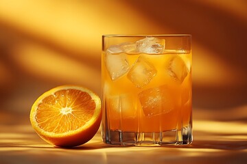 A glass of refreshing orange juice with ice and a slice of orange.
