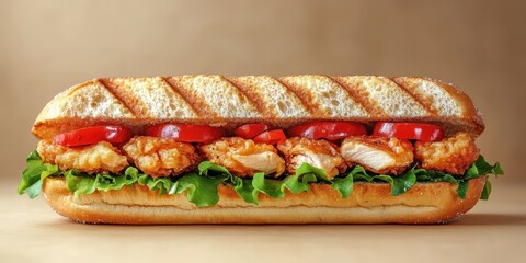 Crispy chicken sandwich with fresh lettuce and tomatoes served in a toasted sub bun