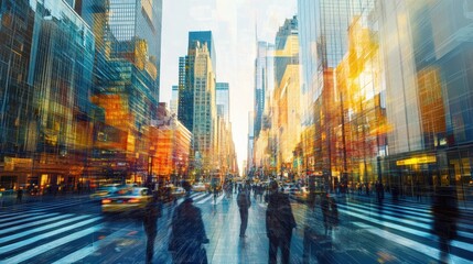 A bustling city street with tall buildings and people.