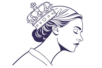 Royal Beauty. Woman in Crown Line Art Vector