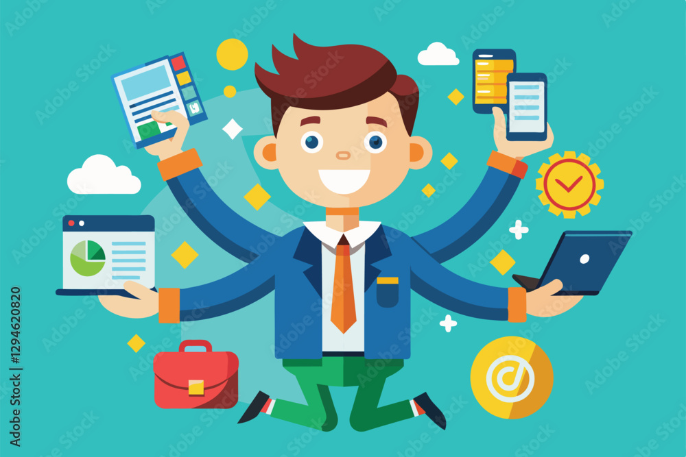 Poster a lively character engages in multitasking while managing various devices and icons representing pro