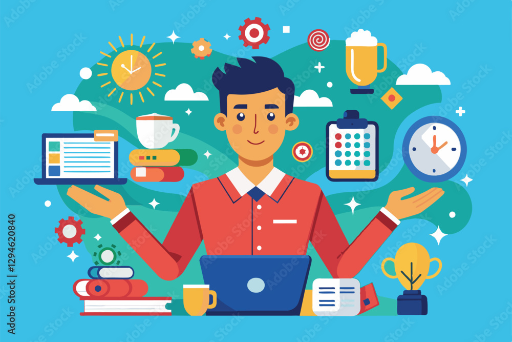 Poster a person balances various tasks using a laptop while surrounded by icons of productivity and organiz
