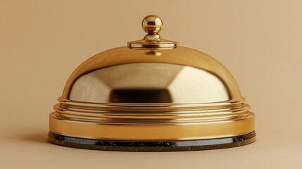 Gold service bell, reception desk, beige background, luxury